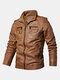 Mens Washed Vintage Multi-Pocket Zipper Lapel Winter Thicken PU Leather Jacket - Brown