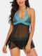 Plus Size Women Mesh See Through Polka Dot Print Wireless Halter Swimdress Swimwear - Blue
