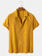 Mens Twill Solid Color Revere Collar Casual Short Sleeve Shirt - Yellow