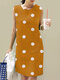 女性のためのドットプリントノースリーブクルーネックドレス - 黄