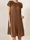 Женская однотонная плиссированная рубашка Шея Повседневная с коротким рукавом Платье - Хаки