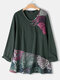 Frog Button Print Patchwork Long Sleeve Blouse For Women - Green