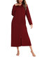 Plus Size Women Cotton Solid Zip Front Long Sleeve Hooded Nightdress With Pockets - Red