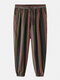 Mens 100% Cotton Vintage Striped Print Loose Drawstring Waist Harem Pants - Red