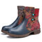 SOCOFY Retro Blumenprägung Leder Spleißen runde Zehen Seite Reißverschluss Knöchel Stiefel - Blau
