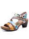 Socofy Genuine Leather Casual Bohemian Ethnic Floral Print Colorblock Comfy Heeled Sandals - Blue