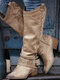 Large Size Retro Buckle Design Side Zipper Chunky Heel Womens Cowboy Boots - Khaki