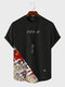 Mens Japanese Floral Crane Print Patchwork Short Sleeve T-Shirts - Black