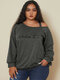 Letters Print Off Shoulder Long Sleeve Plus Size Casual T-shirt - Dark Grey