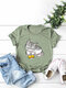 Cartoon Cat Printed O-neck Short Sleeve T-shirt - Light Green