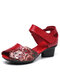 Socofy Women Ethnic Soft Sole Open Toe Chunky Heel Sandals - Red