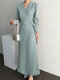 Wrap V-neck Solid Pleated Long Sleeve Casual Maxi Dress - Green
