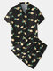 Men Pineapple Printing Pajamas Sets Affordable Silk Thin Summer Cozy Loungewear - Black