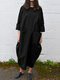Solid Color Casual Loose Pockets O-neck 3/4 Sleeve Dress - Black