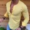 Mens solid color fit slim round neck cotton long-sleeved shirt - Yellow