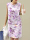 Robe sans manches à col rond et imprimé floral vintage pour femmes - violet