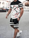 Mens Japanese Cherry Blossoms Print Striped Patchwork Two Pieces Outfits - White