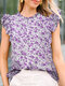 Women Ditsy Floral Print Frill Neck Ruffle Sleeve Blouse - Purple