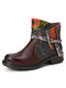 Socofy Retro Ethnic Western Style Leather Patchwork Metallic Side-zip Soft Low Heel Short Boots - Tan