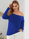 Plus Size Solid One Shoulder Long Sleeves T-shirt - Blue