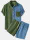 Mens Patchwork Corduroy Designed Casual Loose Drawstring Waist Suits - Green