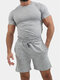 Mens Cotton Solid Color Two Piece Outfits Short Sleeve T-Shirt & Drawstring Shorts Casual Set - Gray