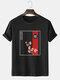Mens Floral Japanese Graphic Crew Neck Short Sleeve Cotton T-Shirts - Black