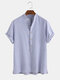 Men Cotton Striped Print Casual Loose Collar Short Sleeve Henley Shirts - Blue
