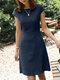 Invisible Zip Solid Short Sleeve Crew Neck Casual Dress - Navy