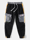 Mens Contrast Patchwork Applique Zipper Pocket Utility Drawstring Pants - Black