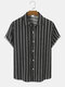 Mens Vertical Stripe Lapel Button Up Daily Short Sleeve Shirts - Black