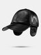 Men Cow Leather Solid Letter Embossing Dome Built-in Ear Protection Windproof Warmth Earflap Hat Baseball Cap - Black With Built-in Ear Protecti