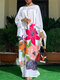 Plus Size Women Floral Print Crew Neck Satin Loose Maxi Dress - White