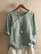 Solid Color Short Sleeve Button T-shirt For Women - Light Green