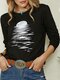 Moon Print O-neck Long Sleeve Casual T-shirt For Women - Black