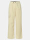 Women Solid Color Button Pocket Zip Front Loose Casual Pants - Beige