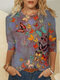 Butterflies Print O-neck Long Sleeve Plus Size Cotton Blouse - Purple