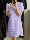 Puff Sleeve Textured Solid Crew Neck Casual Dress - Purple