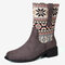 LOSTISY Pattern Splicing Suede Mid Calf Block Casual Boots - Brown