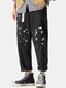 Mens Ink Printed Casual Straight Belted Pants With Pocket - Black