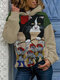Мультфильм Кот Длинный рукав с принтом Толстовка с капюшоном Для Женское - Хаки