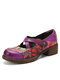 Socofy Genuine Leather Patchwork Hook & Loop Comfy Retro Floral Colorblock Cross Strap Mary Jane Heels - Purple
