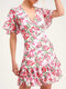 Floral Print Ruffle V-neck Short Sleeve Dress For Women - Red
