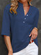 Solid Button Stand Collar Half Sleeve Casual Blouse - Blue