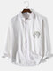 Mens Cotton Solid Color Cartoon Cat Pocket Lapel Cotton Long Sleeve Shirt - White