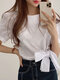 Bowknot Twisted Solid Short Sleeve Caual Blouse - White
