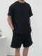 Mens Texture Side Split Short Sleeve Casual Two Pieces Outfits - Black