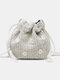 Women Straw Daisy Pattern Print Handmade Lace Bag Beach Bag Bucket Bag Crossbody Bag - Khaki