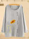 Cartoon Cat Printed Long Sleeve O-neck Button Blouse For Women - Grey