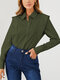 Solid Color Lapel Long Sleeve Button Blouse For Women - Green